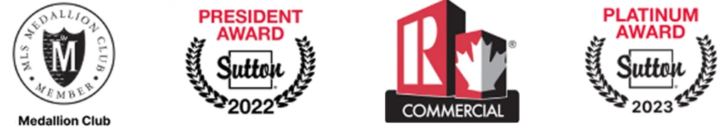 Award badges: MLS Medallion Club, Sutton President Award 2022, REALTORS® Commercial, Sutton Platinum Award 2023